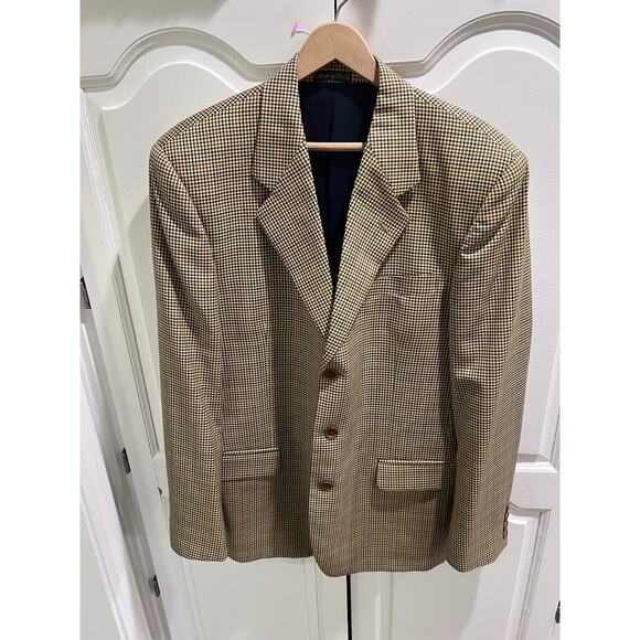 DALCOS Made in Italy 100% Wool Blazer Jacket Check Plaid Brown Navy 50R - Picture 1 of 14